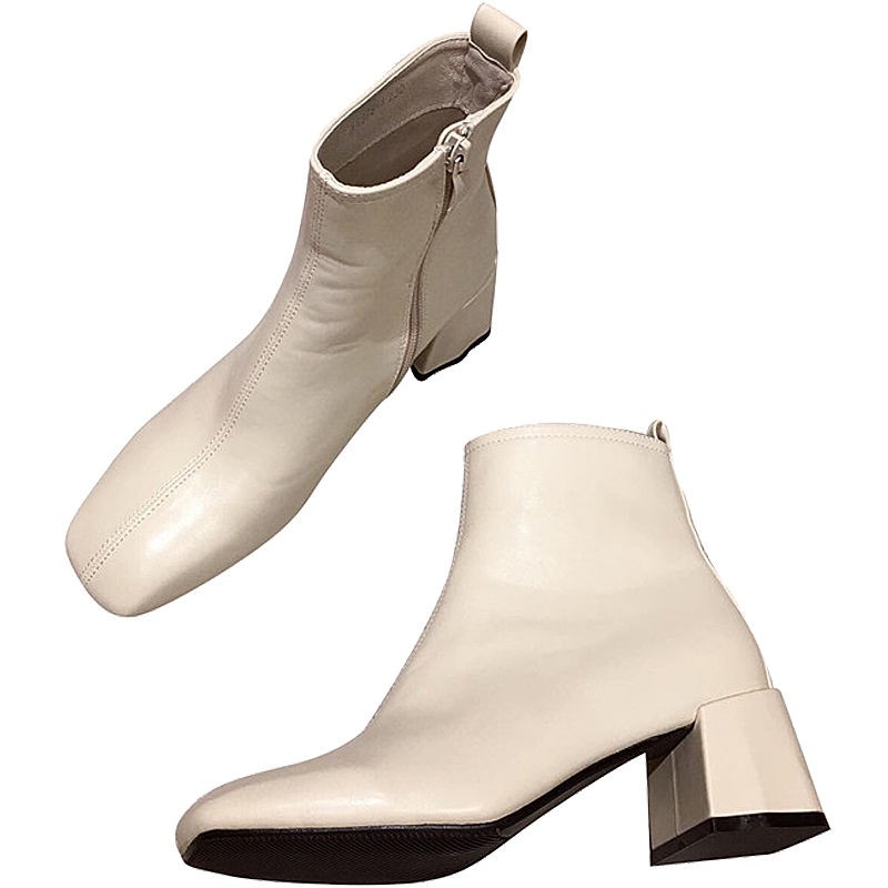 ♠♕European station 2019 autumn and winter new wild high-heeled thick-heeled short boots women s nude side zipper ankle Martin