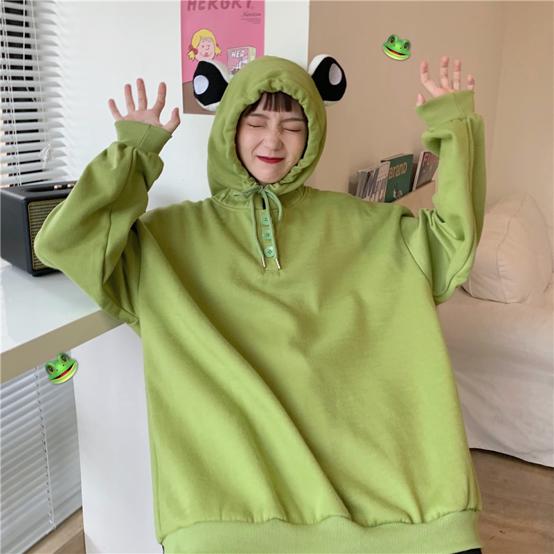Áo Hoodie Dáng Rộng Dài Ngang Gối Màu Xanh Lá Phong Cách Lười Biếng Có Tai Dễ Thương Vui Nhộn Phong Cách Hàn Quốc Cho Nữ