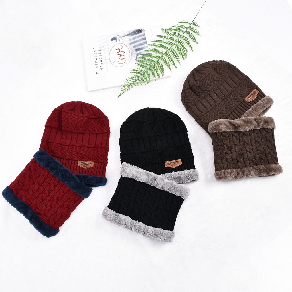 Mũ Beanie Kiêm Khăn Choàng Cổ Dệt Kim Giữ Ấm Mùa Đông Cho Nam Nữ