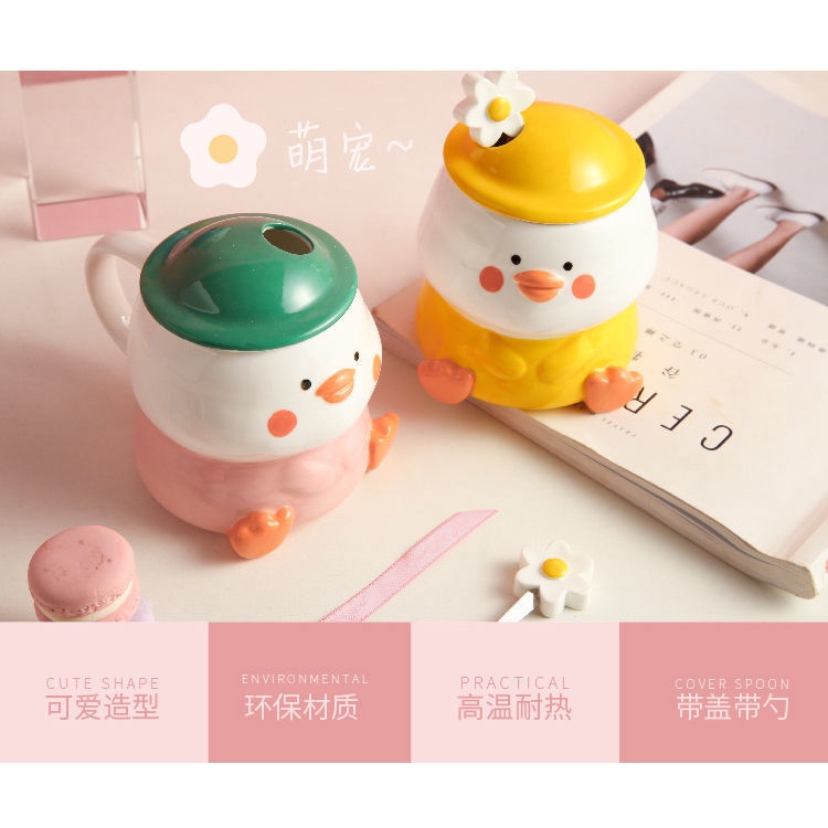 Cốc uống nước gốm hình chú vịt hoạt hình đáng yêu có nắp đậy và muỗng phong cách Hàn Quốc