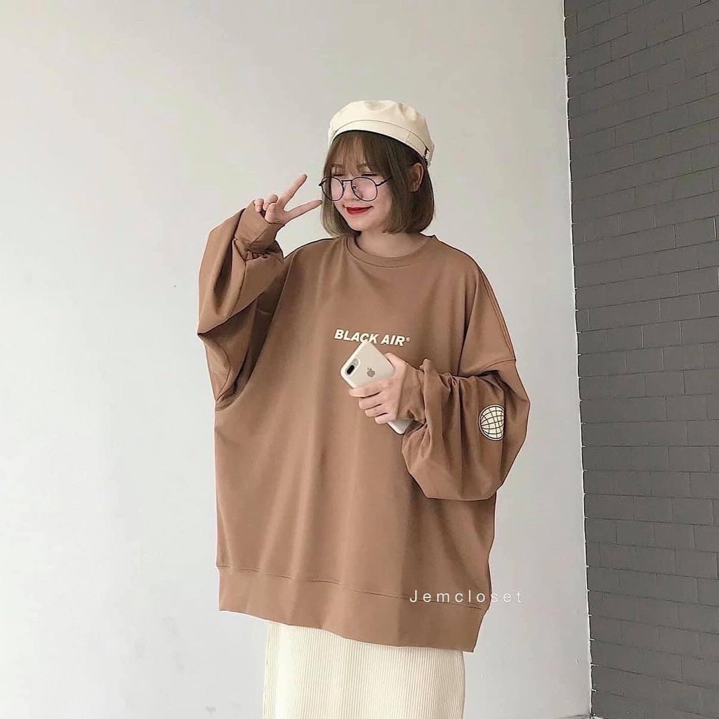 Áo Nỉ Black Air Tay Bồng  Nữ [FREESHIP]  Sweater form rộng oversize in hình cá tính Ulzzang