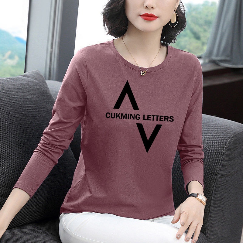 Áo thun cotton mỏng tay dài cổ tròn dáng rộng thời trang cho phụ nữ trung niên