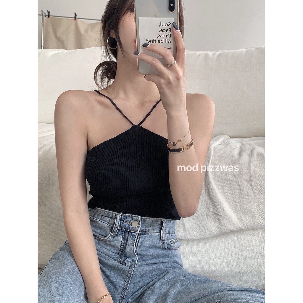 Áo yếm hai dây chất len tăm, Áo Croptop hai dây hotgirl xu hướng tháng 10