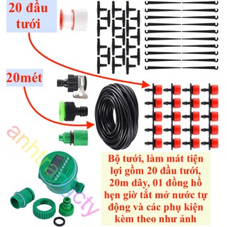 Bộ tưới nước, tưới cây, làm mát tiện lợi tự động gồm 01 đồng hồ, 20 đầu tưới phun sương hoặc giọt 8 tia và 20m dây dẫn