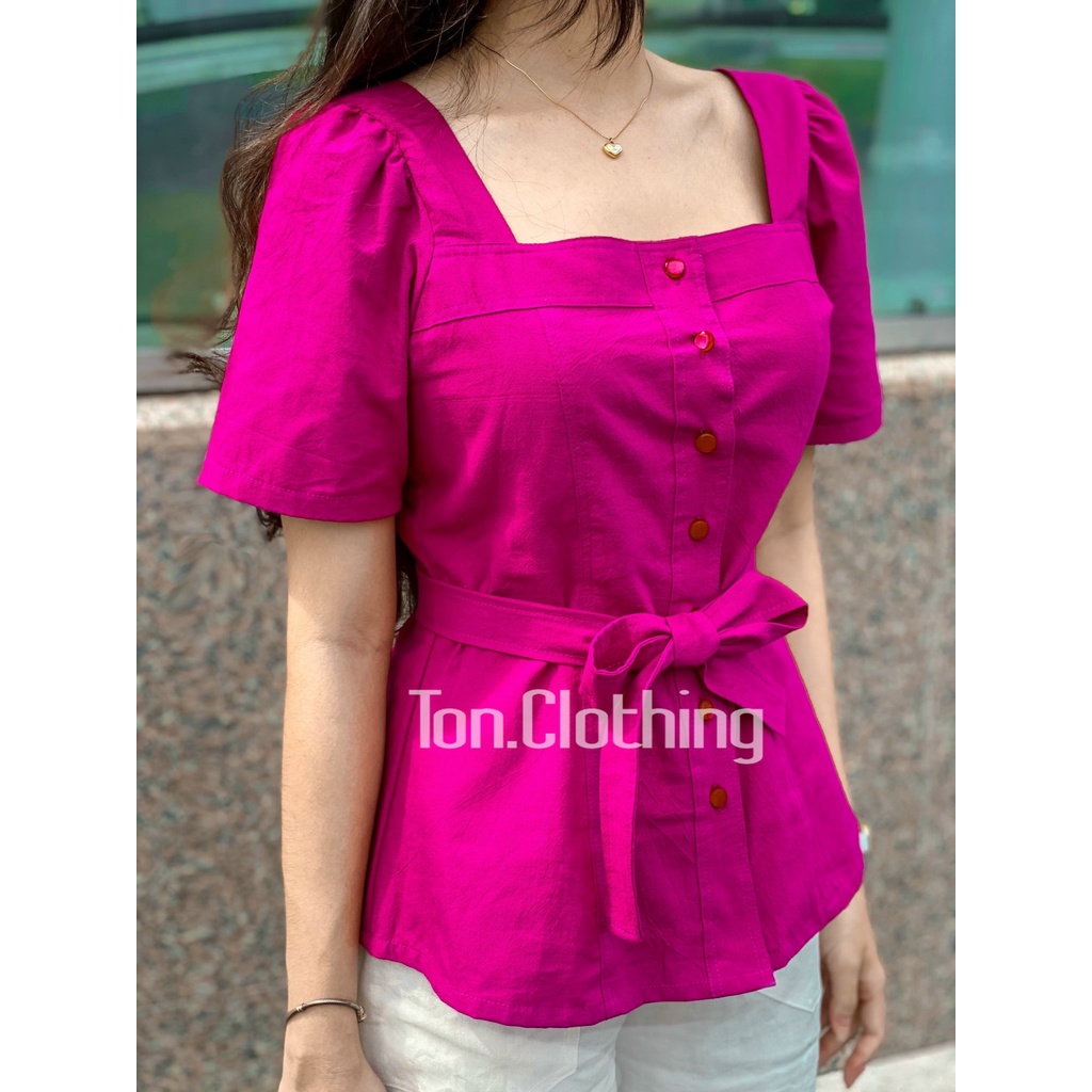 Áo Kiểu cổ vuông tay ngắn cột nơ eo Ton.Clothing vải Linen xốp màu hồng tím AOK014
