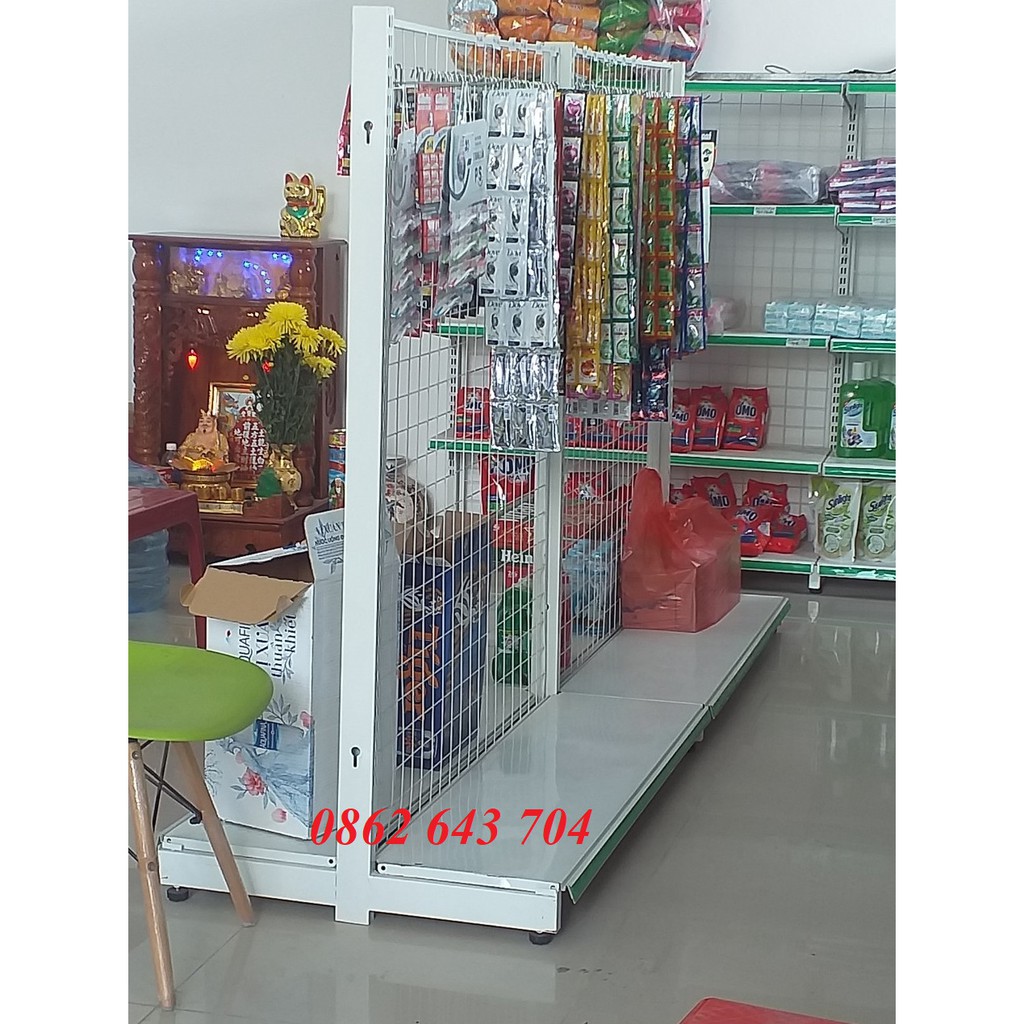 Kệ siêu thị đôi lưng lưới dài 2,4m, 1 mâm để hàng đa năng