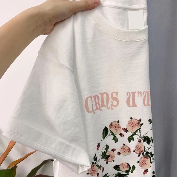 Áo thun ZHELIHANGFEI tay ngắn dáng rộng in chữ và hoa hồng dễ phối đồ