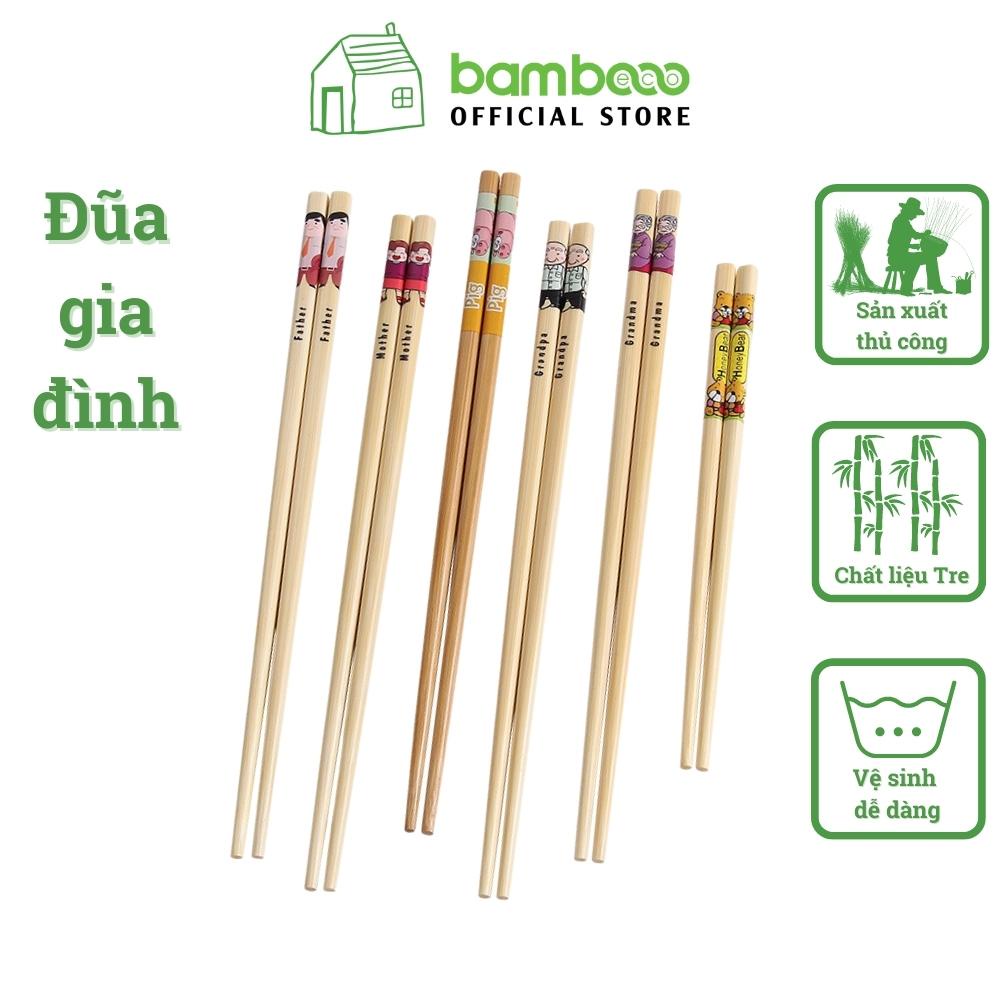 Đũa tre in hình gia đình ông, bà, bố, mẹ, heo con, gấu BAMBOOO ECO an toàn vệ sinh, sử dụng cho gia đình, nhà hàng