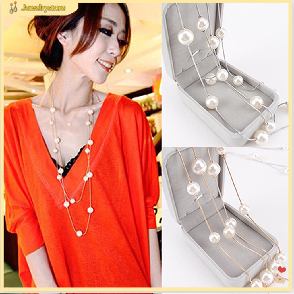 {jewelrystore} Dây chuyền hợp kim dạng dài đính ngọc trai giả xinh xắn cho nữ