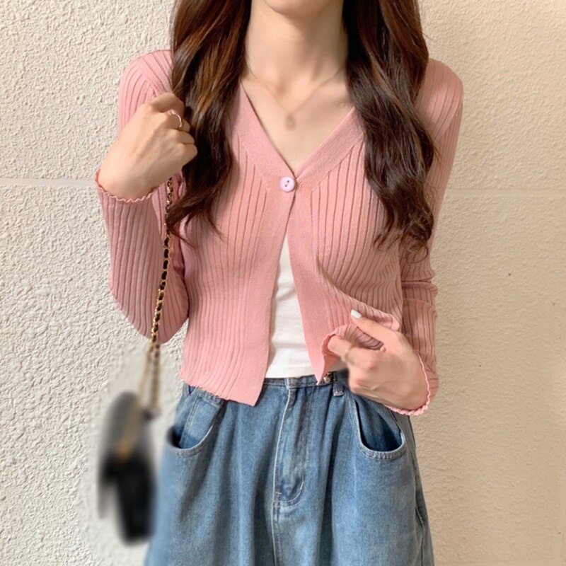 Áo khoác cardigan dệt kim cổ chữ V tay dài màu sắc trẻ trung cho nữ
