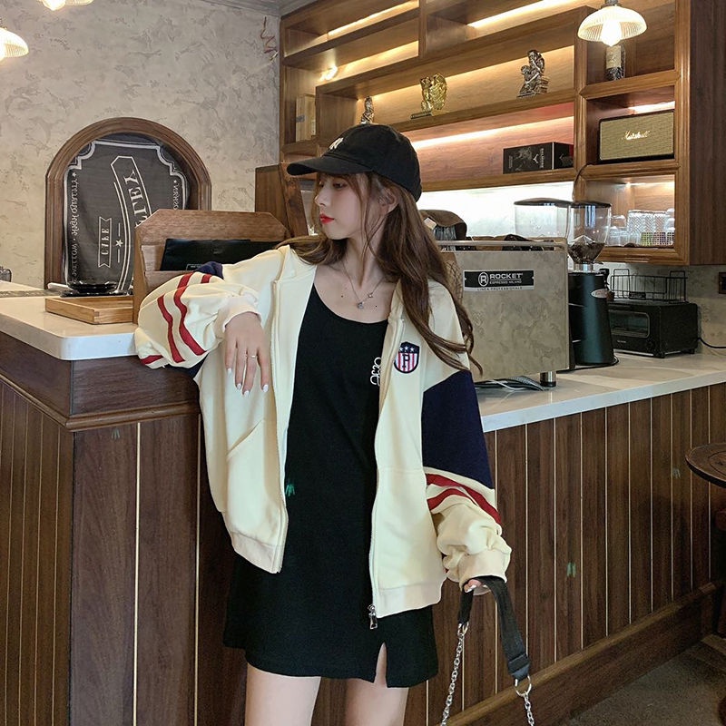 Áo hoodie tay dài phối màu tương phản thời trang Hàn Quốc