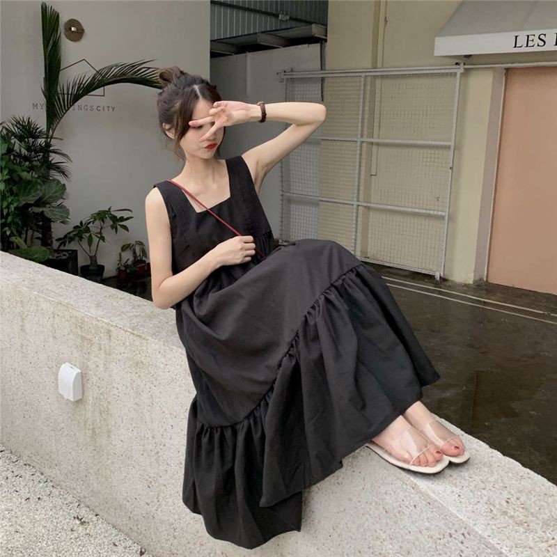 Korean style mid-length square collar summer casual loose pleated suspender skirt，cheap borong of Koreanfashion women's clothing readystock 210521