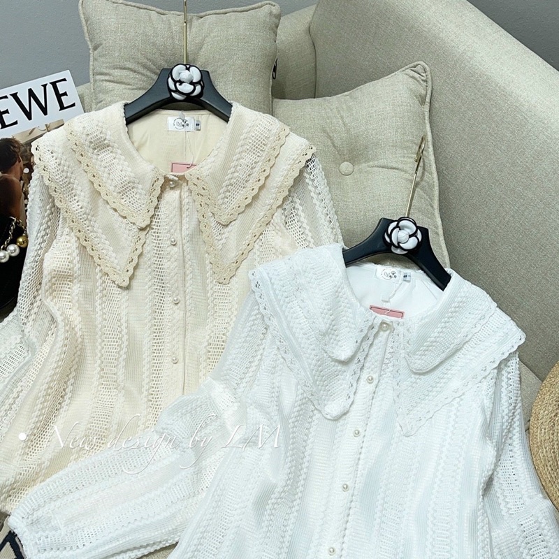 Áo sơ mi cổ kép 2 màu trắng, kem size S M siêu xinh