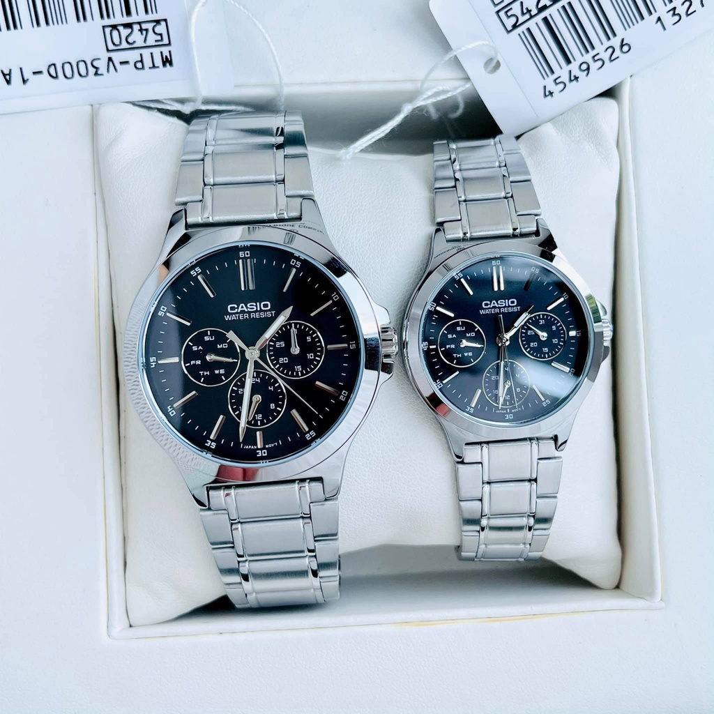 Đồng hồ Nữ Casio LTP-V300D-1AVDF, đồng hồ chính hãng, dây bạc mặt đen, 6 kim