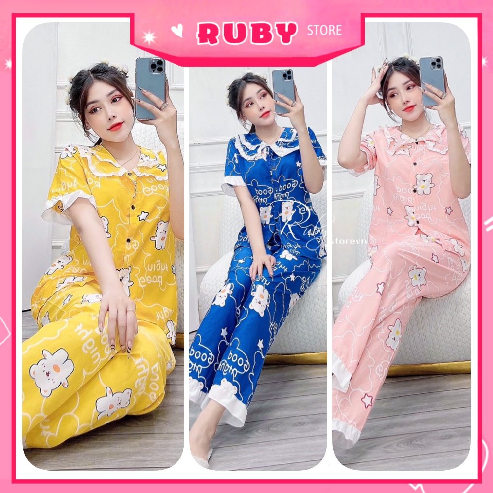 Đồ bộ nữ mặc nhà ịn hình gấu hoạt hình dễ thương chất kate mềm mát BLH15