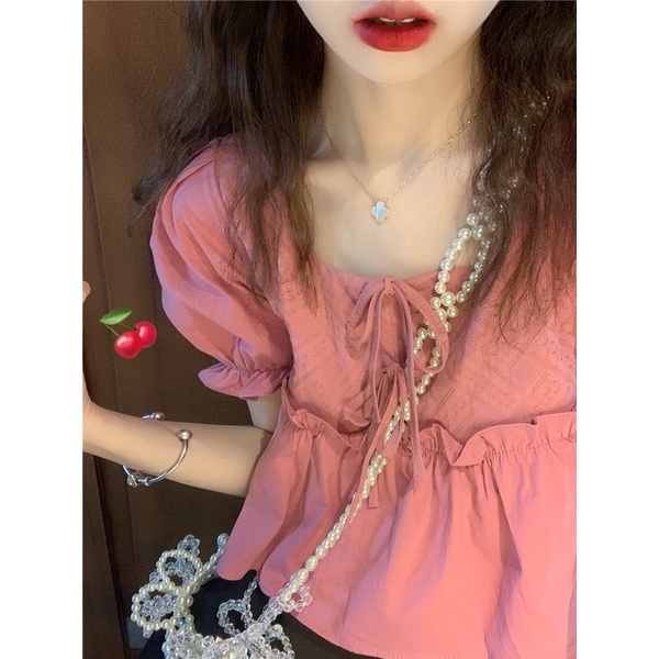 Áo crotop babydoll tay bồng thắt nơ hồng dễ thương Yannie