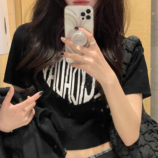 【Hana and Alice】Áo Croptop Dệt Kim Tay Ngắn In Họa Tiết Phong Cách Hàn Quốc Quyến Rũ Cho Nữ