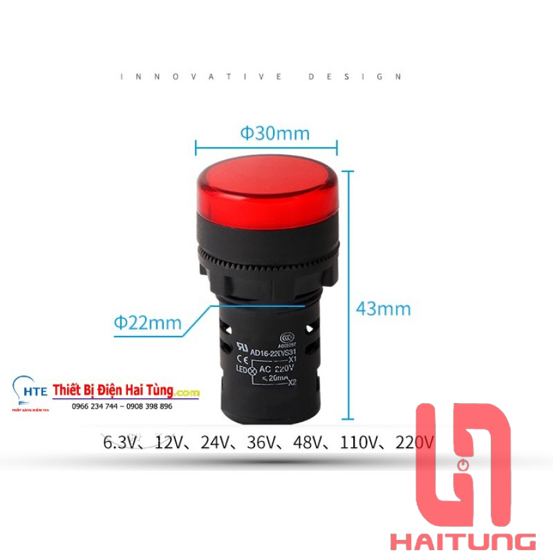 Đèn Báo Vôn 60-500V, Phi 22mm, Đèn Báo Vôn Tủ Điện
