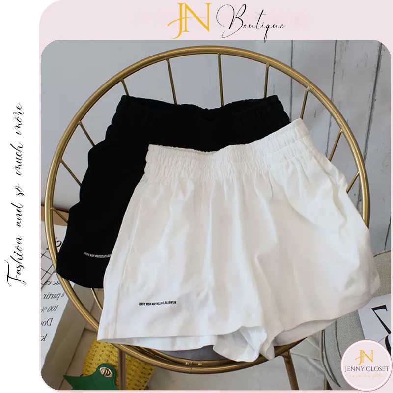 Quần đùi đũi nữ - quần short nữ cạp lưng cao thun chun thêu chữ màu đen trắng ống rộng mặc đi biển ở nhà đi ngủ đẹp