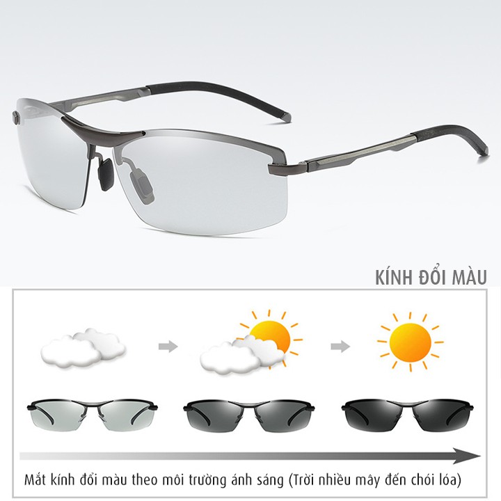 Kính đổi màu gọng nhôm magiê nhẹ, mắt kính polarized phân cực, chống UV - MK1910