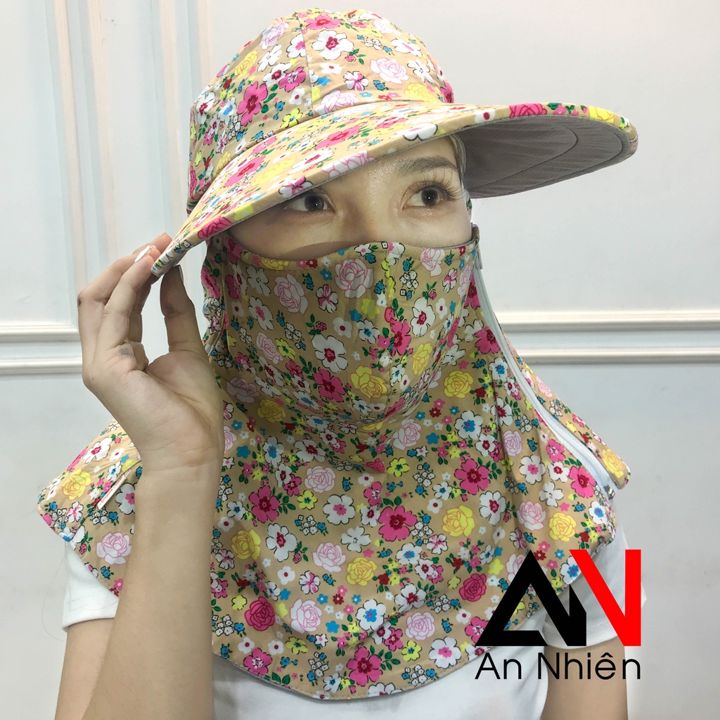 Nón mũ chống nắng vành rộng kèm khẩu trang vải cotton cố định bằng miếng dán