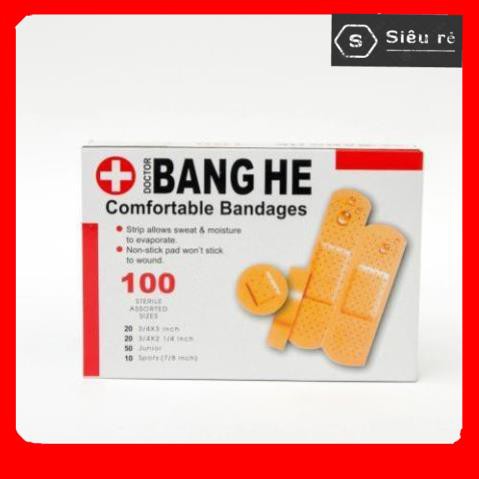 Băng dính cá nhân y tế Bang He, hộp 100 miếng, 4 kích thước bảo vệ các vết thương siêu tiện dụng (PD1825)