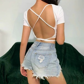 Áo croptop tay ngắn hở lưng buộc dây chéo siêu sexy hot cực kỳ - Z7N - KHÔNG CÓ MÚT NGỰC