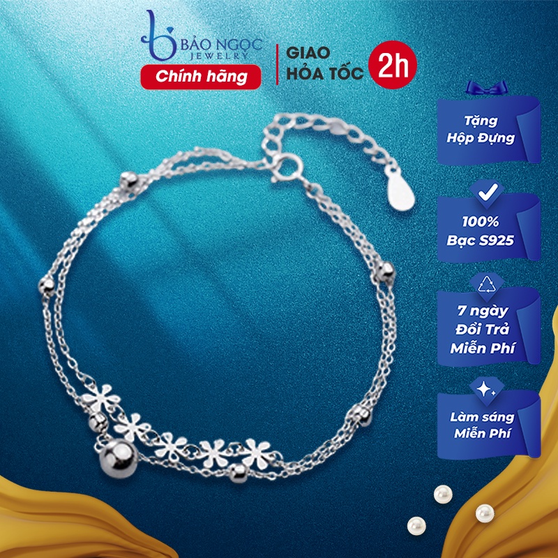 Lắc Tay Bạc Nữ Hạt Bi Đính Hoa Dây Đôi Đơn Giản Cho Nữ - Bảo Ngọc Jewelry L2523