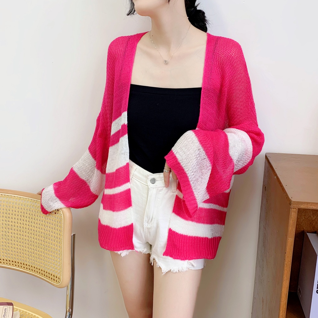 SUXI Áo Cardigan Dệt Kim Tay Dài Dáng Rộng Họa Tiết Kẻ Sọc Màu Sắc Phong Cách Hàn Quốc Thời Trang Cho Nữ