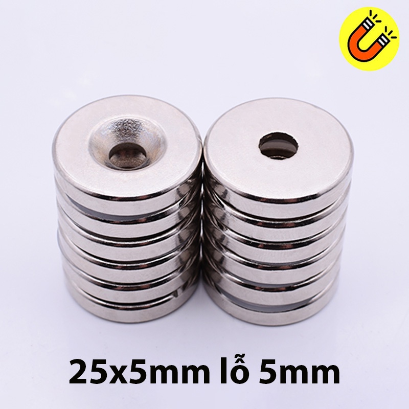 Nam châm đất hiếm neodymium 25x5 lỗ 5mm siêu mạnh