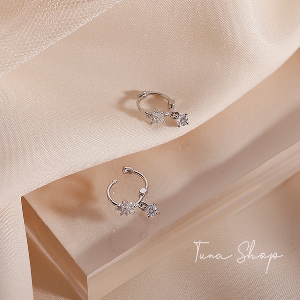 Khuyên tai bạc tròn gắn đá hình hoa, Hoa tai Bạc bạc tròn đính đá, Bông tai bạc nữ đá xinh TUNA SILVER CAM KẾT CHUẨN BẠC