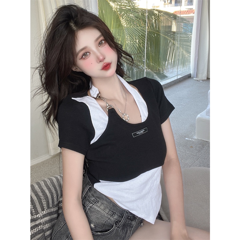 QKOOLE  Áo Thun Nữ Ngắn Tay Có Khóa Kéo Thời Trang