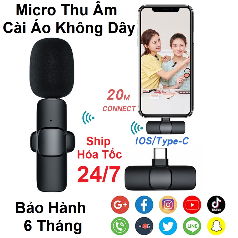 Mic Thu Âm Không Dây - Cài Áo, Lọc Tiếng Ồn, Thu Xa 20M, Dùng Cho Điện Thoại Android/IOS, Livestream, Quay Vlog, Thu Âm