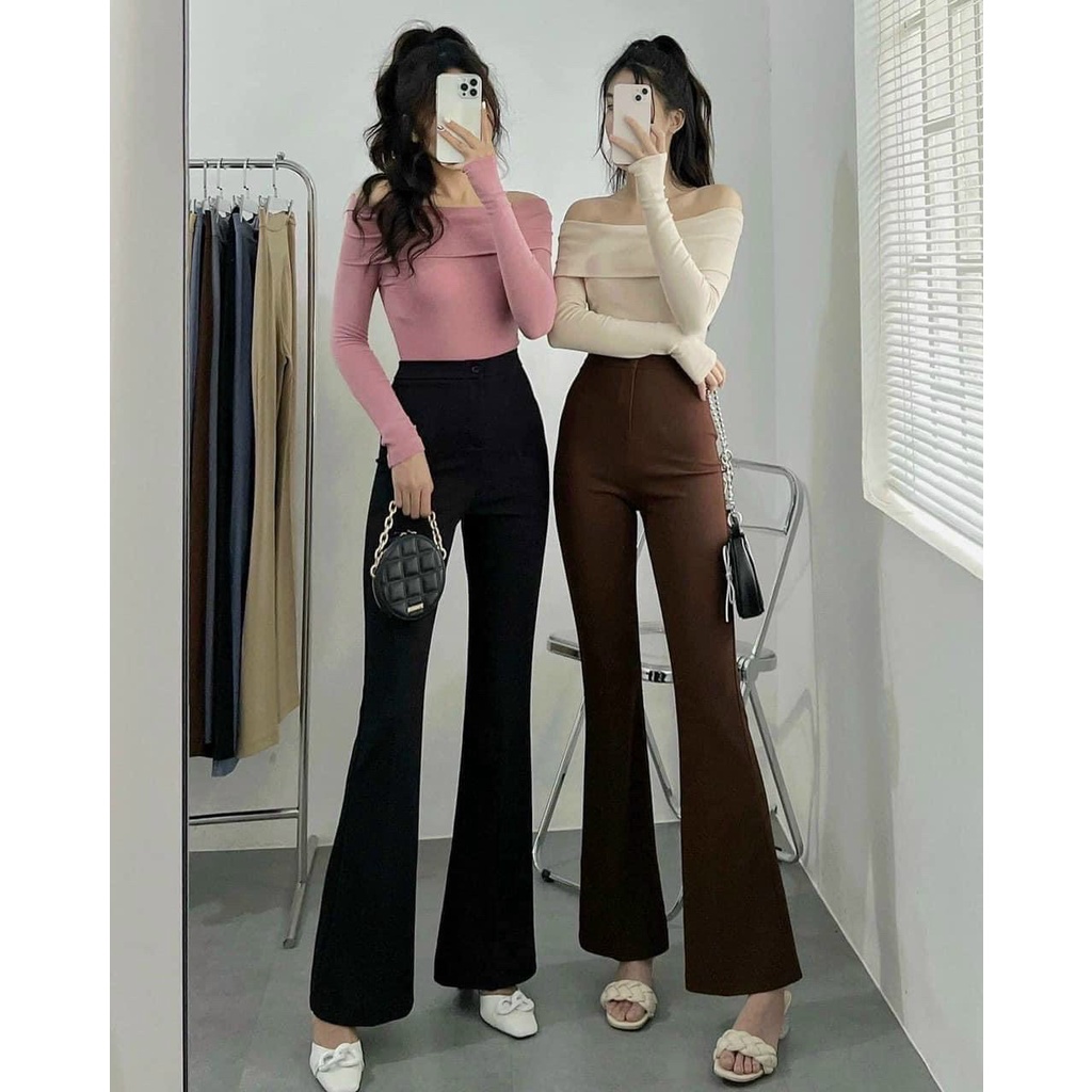 Quần tây nữ cạp cao ống loe thiết kế 1 khuy & 2 khuy chuẩn đẹp,2 túi mang sườn chất vải tuyết mưa loại 1