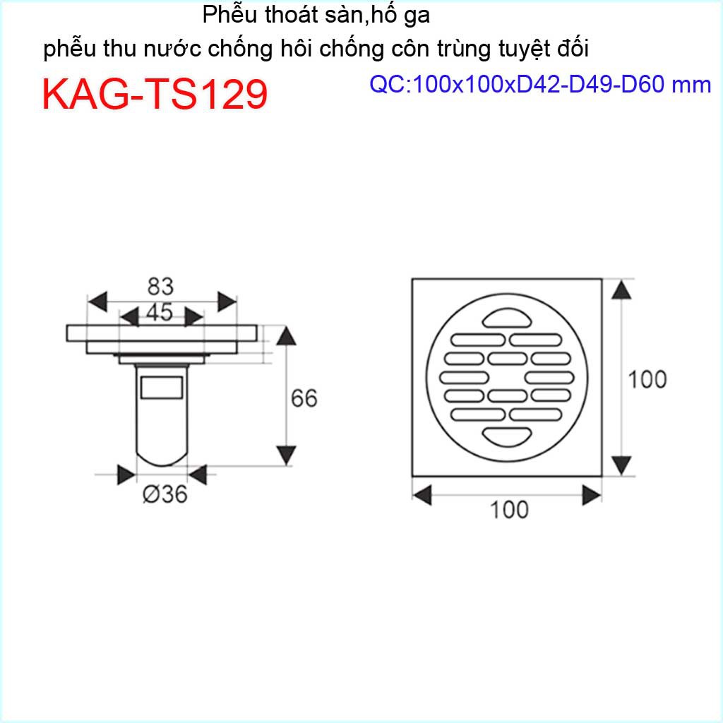 Thoát sàn chống hôi nhà tắm, phễu thoát sàn chống trào tuyệt đối Roca 10x10cm KAG-TS129