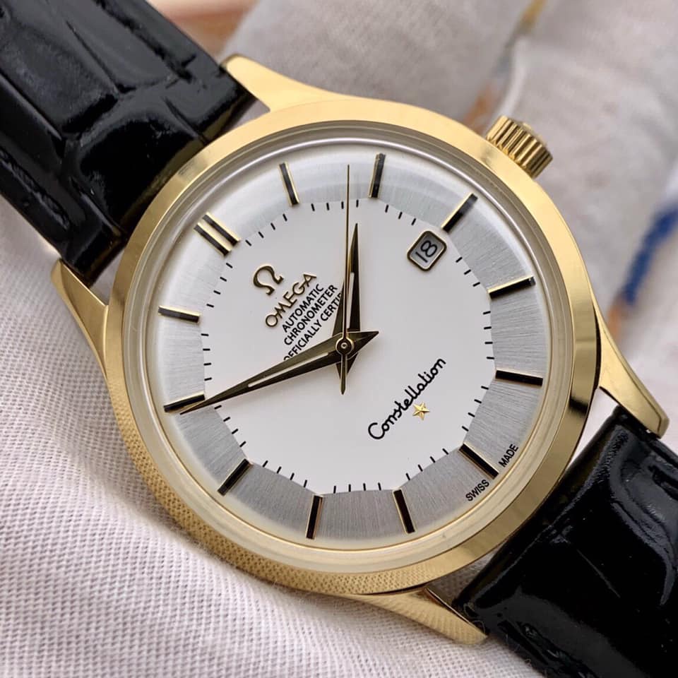 Đồng hồ Nam Omg Constellation bát quái máy nhật Myota vỏ vàng ta mặt trắng dòng cơ Automatic size 40mm dây da