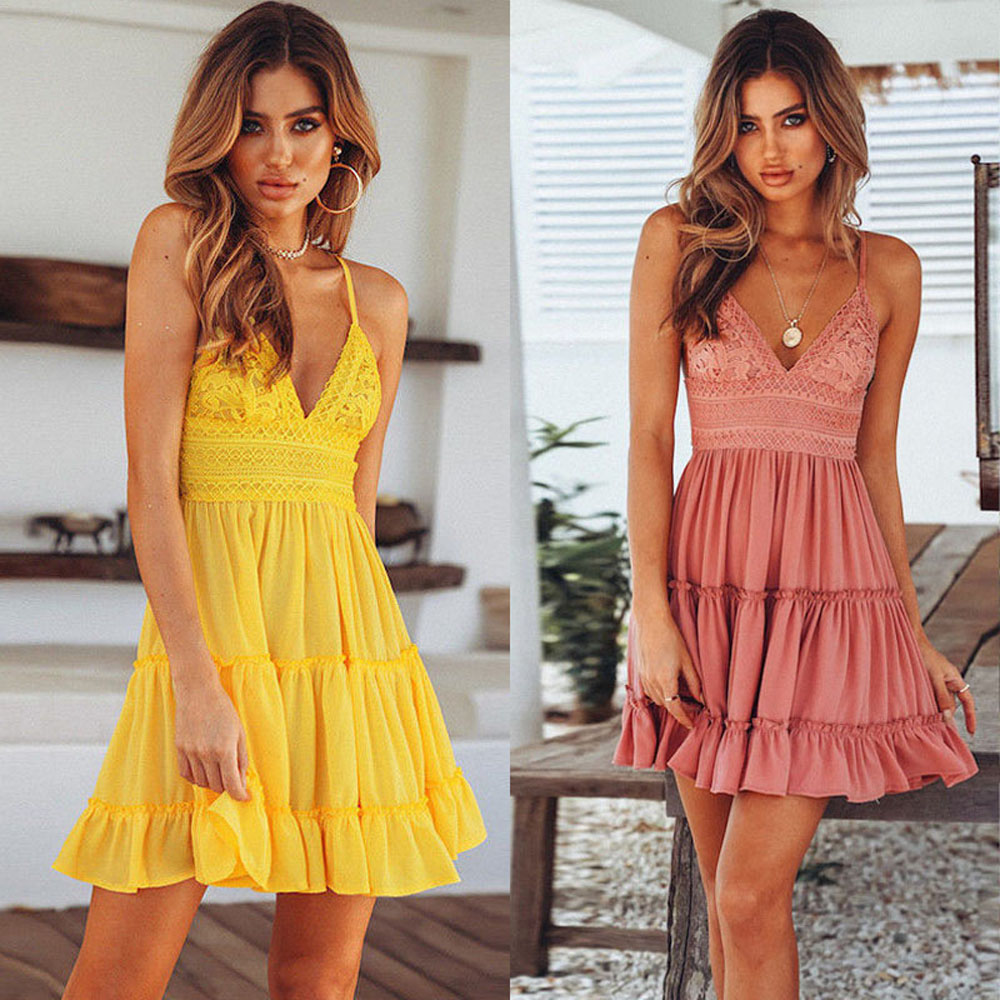 AROMA Sweet Sundress Solid Color Off Shoulder Mini Dress Easy Chic Backless Pattern Hollow out Stylish Ruffle Edge Suspender skirt/Multicolor