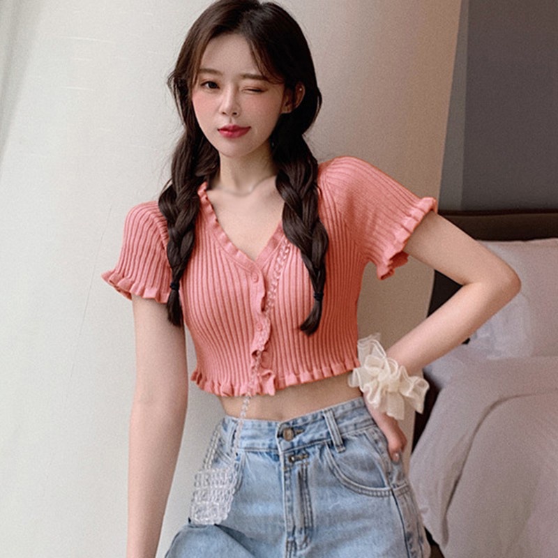 Áo Len Nữ Tay Ngắn Cổ Chữ V Thời Trang Quyến Rũ