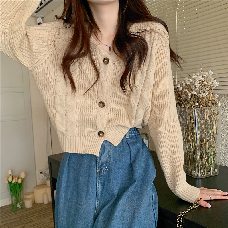 ZHELIHANGFEI Áo Cardigan Dệt Kim Tay Phồng Cổ Chữ V Lưng Cao Thời Trang
