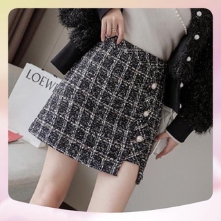 Chân váy vải dạ tweed xẻ lệch dáng chữ A ulzzang