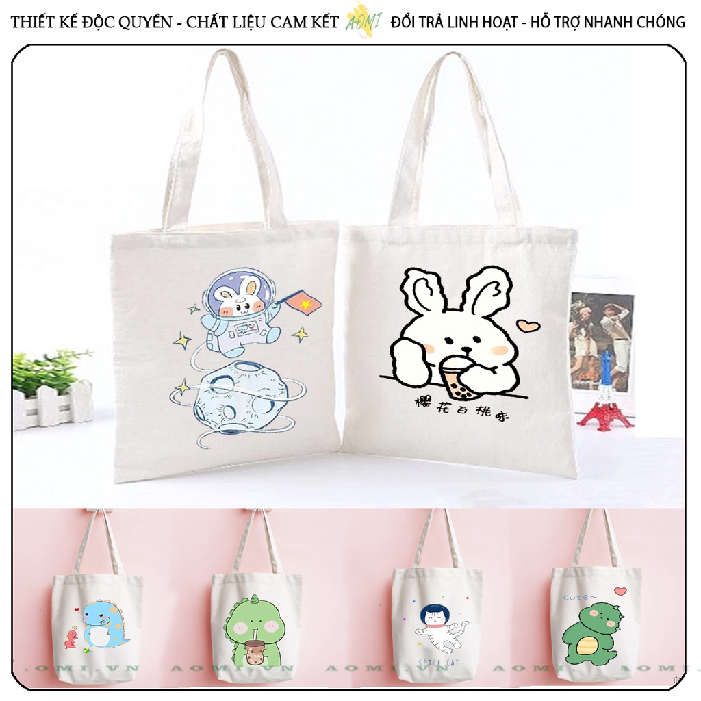 TOTE CANVAS khủng long thỏ phi hành gia cute TÚI VẢI ĐEO VAI BAG CÓ KHÓA KÉO SIZE 33x38cm AOMIVN DU LỊCH DẠO PHỐ AOMI