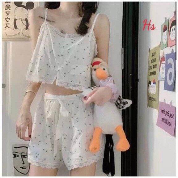 Set Bộ Áo 2 Dây, Quần Sooc Có Nơ Họa Tiết Hoa Nhí Chất Voan Lụa Có Ảnh Thật Và Video M.Store