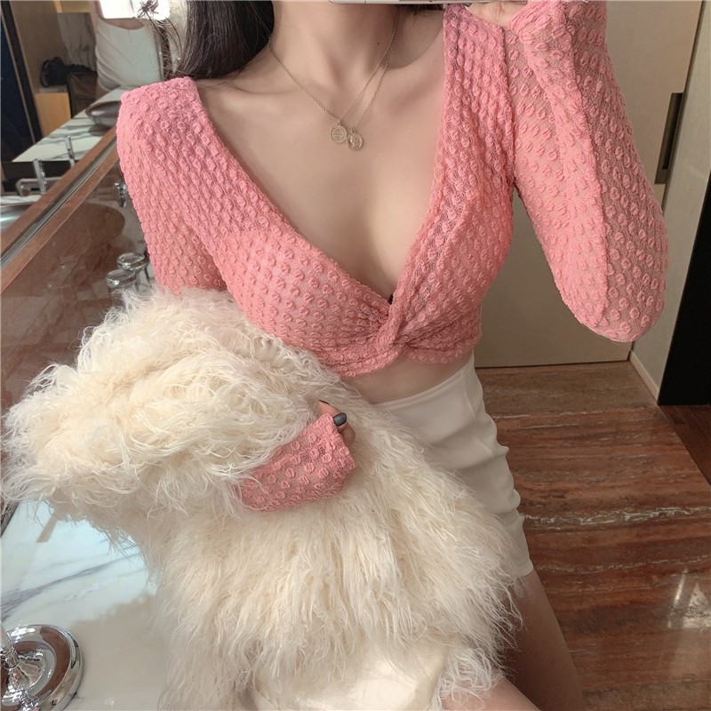 Áo nữ croptop hở bụng ôm body khoét ngực chữ V gợi cảm tay dài ulzzang ( 3 màu )