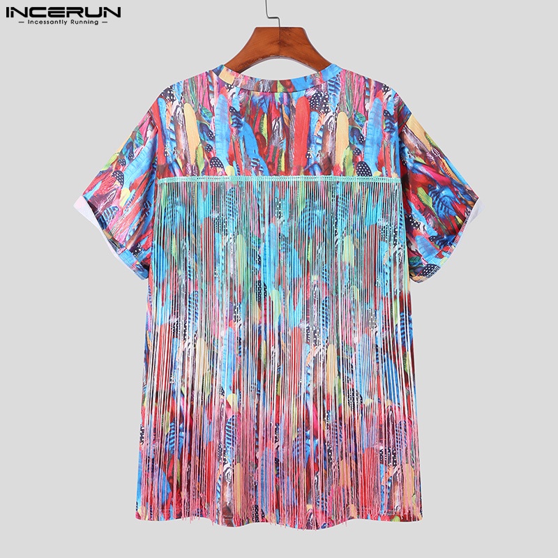 INCERUN Áo Thun Cổ Tròn In Họa Tiết Sau Lưng Phối Tua Rua Thời Trang Cho Nam