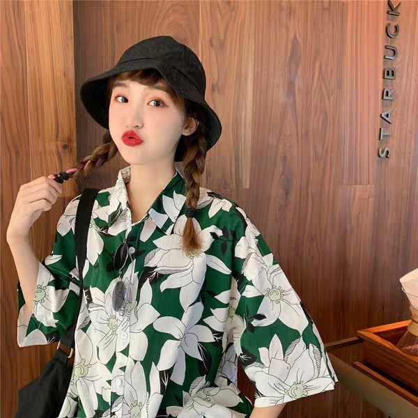 SƠ MI LOANG HOA XANH LÁ - SƠ MI HOA XANH TRẮNG ULZZANG