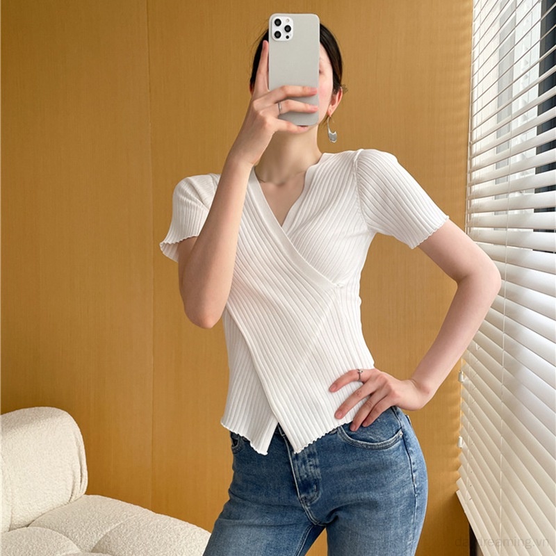 Áo Thun Dệt Kim Tay Ngắn Cổ Chữ V Màu Sắc Trơn Thời Trang Cho Nữ