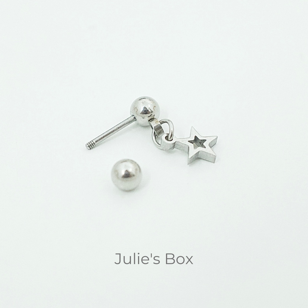 [1 Chiếc] Khuyên Tai Titan Unisex Có Charm Ngôi Sao Rỗng Màu Bạc Đuôi Bi Không Gỉ Sét Không Ngứa Bông Tai Julies Box 66