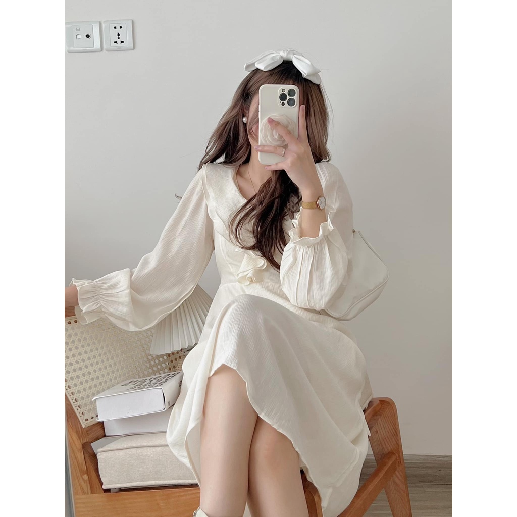 Váy  cổ bèo babydoll đuổi cực xinh , váy  cổ bèo dài tay Vintage