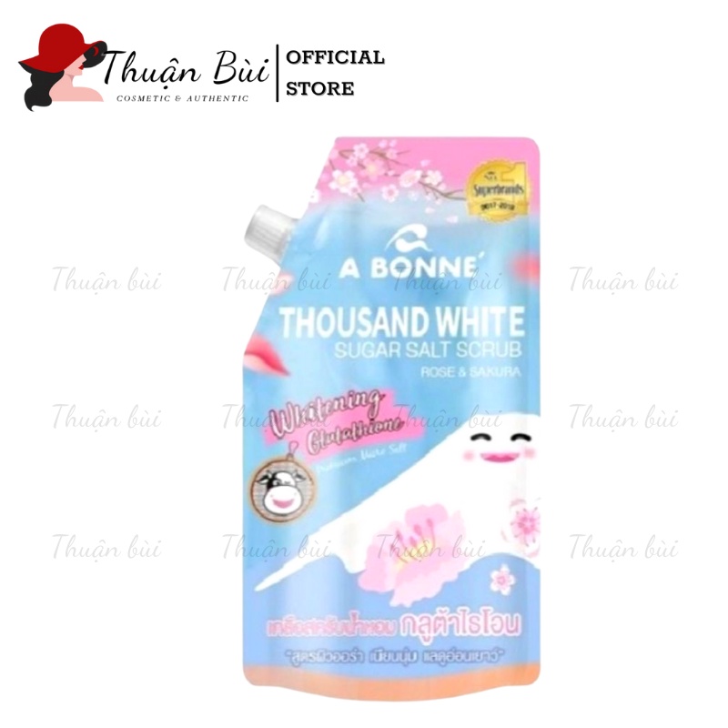 Muối Tắm Trắng Da Cao Cấp Thái Lan A Bonne' Thousand White Sugar Salt Scrub - Hoa hồng &amp; Hoa anh đào Túi 350g Có Vòi