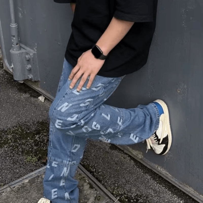 Quần Jean Dài Oversize In Chữ Phong Cách Hip Hop Hàn Quốc Cá Tính Cho Nam Size S-3XL